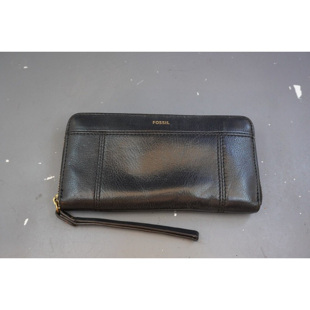Fossil Jori RFID Zip Clutch Black Leather Wallet Zip Around Wristlet Purse